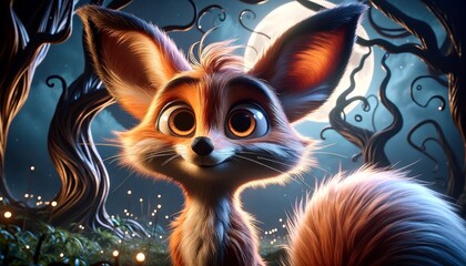 Wall Mural - Close-up of a whimsical, animated fox with oversized, playful ears and a fluffy tail, set in a forest clearing under a full moon.
