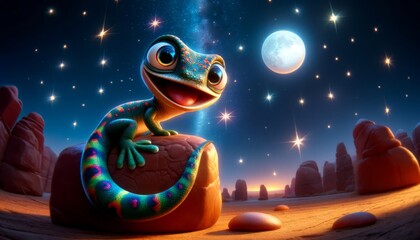 Wall Mural - close-up of a whimsical, animated lizard on a rock under a starlit night sky.
