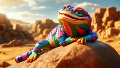 Wall Mural - close-up of a colorful desert lizard sunbathing on a warm rock in a whimsical, animated style.