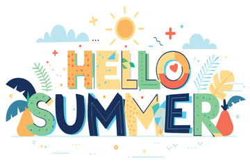 A cheerful summer-themed graphic with tropical motifs