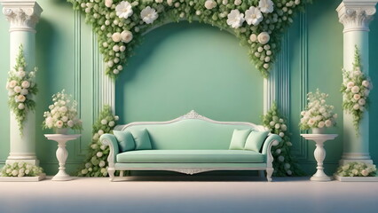 Wall Mural - The wedding stage decorated with flowers arch and sofa on green classic wall