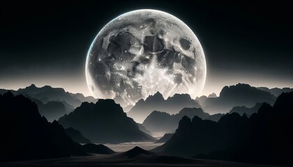 a dramatic close-up of a full moon rising over rugged desert mountains.