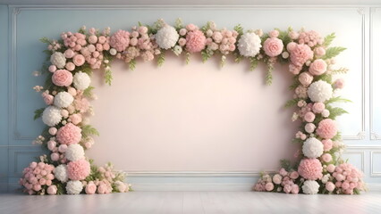 Wedding decoration with flowers arch on pink backdrop