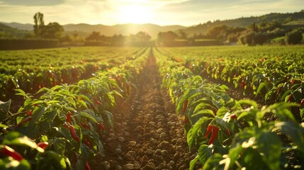 Sunset glow over chili pepper farm