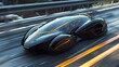 A futuristic electric vehicle concept, designed for highspeed travel. The car features aerodynamic curves with carbon fiber accents.