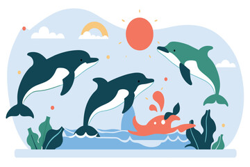 Wall Mural - Trio of dolphins jumps over sea waves with a setting sun