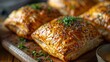 Finely baked golden puff pastry comprised of cheese and sausage which an organic, delectable over hardwood board with a wooden top setting and space, Generative AI.