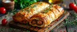 Finely baked golden puff pastry comprised of cheese and sausage which an organic, delectable over hardwood board with a wooden top setting and space, Generative AI.