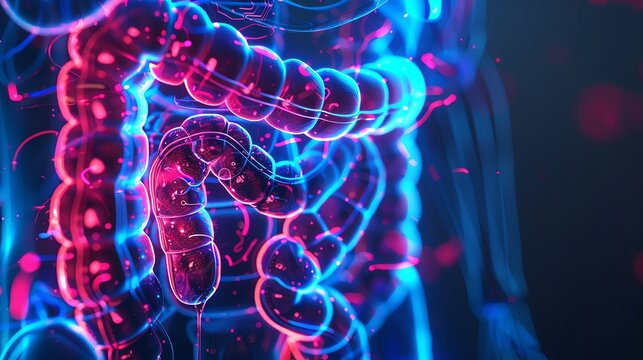Innovative 3D medical rendering, showing the digestive system with intestines in neon blue, designed for a sophisticated educational context