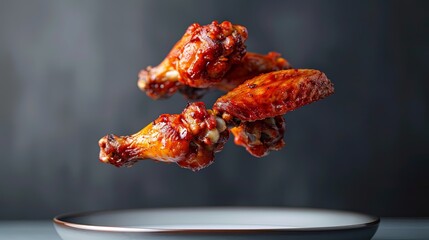 Wall Mural - Floating Chicken Wings: Showcase succulent and tender chicken wings hovering above a plate, ready to tantalize taste buds.