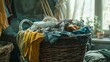 Laundry Essentials: A laundry basket filled with soiled garments waiting to be washed.