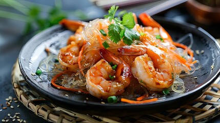 Wall Mural - Mouthwatering Combination: Scrumptious shrimp and wok-seared glass noodles, a savory delight for discerning palates.