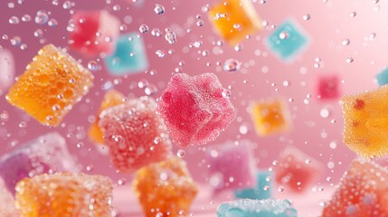 Wall Mural - A close shot of colorful sugary gumdrops against a clean backdrop falling form above with a space for text and perfect for product background, Generative AI.
