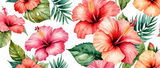 Wall Mural - artistic background with watercolor textured hibiscus tropical flowers illustration over white background.