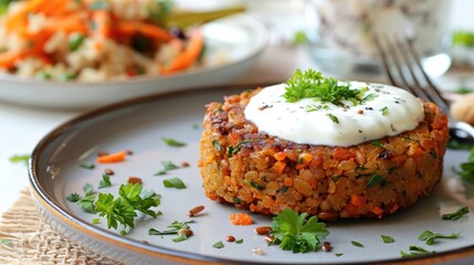 Wall Mural - Meal for vegetarians brown rice and lentil patty served with yogurt sauce