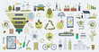 Circular economy model for sustainable production tiny person collection set. Ecological manufacturing elements with responsible resource consumption and green waste management vector illustration.