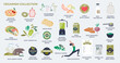 Veganism, vegetarianism and healthy eating habits tiny person collection set. Labeled elements with leafy vegetables, smoothies and nature friendly meal ingredients without meat vector illustration.