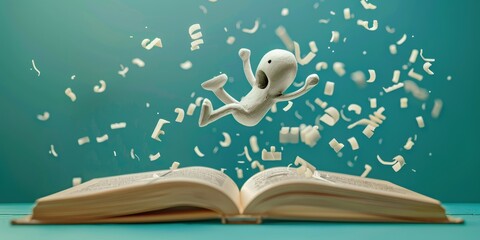 Wall Mural - character diving into an open book from which loose letters jump out and come off