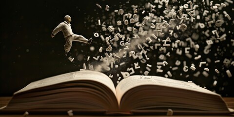 Wall Mural - character diving into an open book from which loose letters jump out and come off, made with a plasticine appearance
