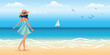 A girl walks on a sea beach, seascape with sailing yacht, summer vacation, vector cartoon