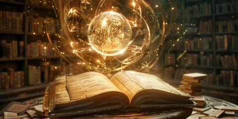 Wall Mural - Imagine an ancient stone pedestal in a mystical library, 