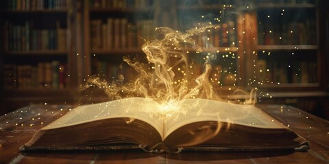 Wall Mural - In an ancient library, there is an ancient open magic book on the table.
