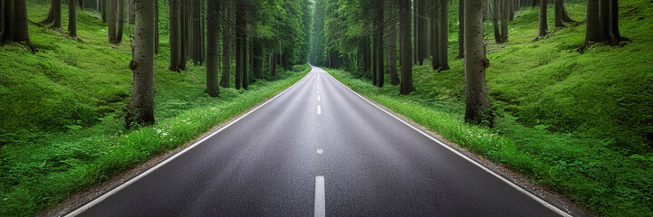 Wall Mural - Straight asphalt road in the green forest with tall pine trees. Panoramic view.