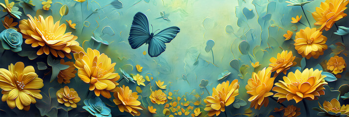 Wall Mural - Artistic painting style of Yellow blossom Chrysanthemum flowers with blue butterfly in garden. 