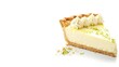 Just a single slice of typical sweet cheese key lime pie with cream over top and lime zest strewn over a white setting appealing and space, Generative AI.