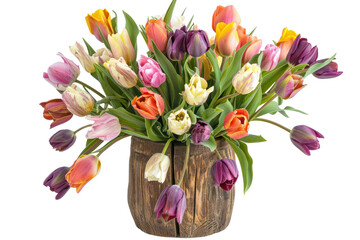 A bouquet of assorted tulips in a variety of colors, arranged in a rustic wooden vase., realistic photos on a white background.