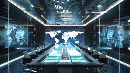 Wall Mural - A large, modern virtual conference room equipped with state-of-the-art communication technology, featuring a long table with holographic projectors in the center