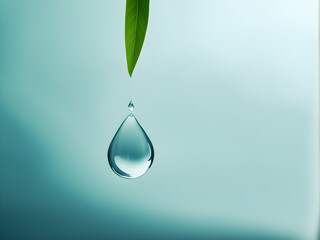 A water droplet on a solid color background, a banner full of tranquility for environmental protection and natural environment