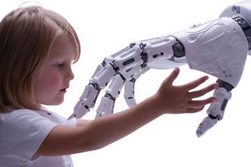 Wall Mural - A photo of a child playing with a robotic toy that has human-like hands, on a white background. .,realistic photos on a white background