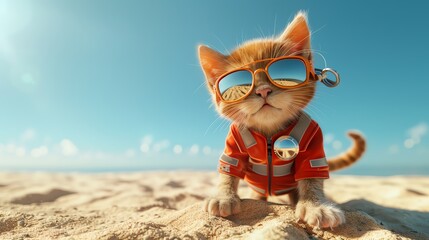 A cuddly kitten in a tiny lifeguard outfit, complete with a whistle and aviator sunglasses, patrolling a sandy beach