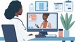 © Exnoi - A telepsychiatry session with a psychiatrist prescribing medication through a secure video conferencing tool, patient notes visible on the screen