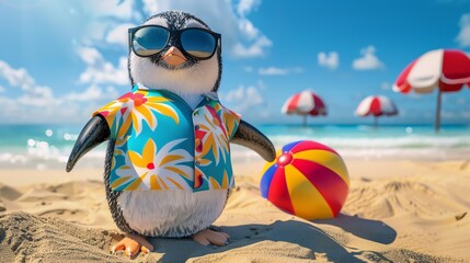 A charming penguin dressed in a colorful beach shirt and flip-flops, wearing stylish sunglasses while holding a beach ball