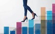 
A side view showcasing a woman's legs and feet as she strides across a vibrant bar chart of data analysis, dressed in casual business pants and high heels.