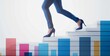 Side view of a woman's legs and feet. She is wearing casual business pants and high heels, walking on a colorful bar chart of data analysis.