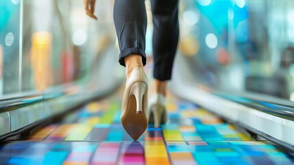 Back view of  close-up shot of the lower legs and the feet of a businesswoman. She is wearing high heels and walking in a colorful corridor.