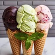 Various gelato ice cream flavours scoops in waffle cones, cinematic food dessert photography	
