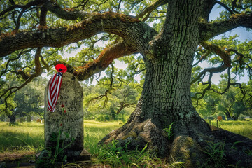 a single tombstone under a sprawling oak tree adorned with a red poppy and a faded american flag sym