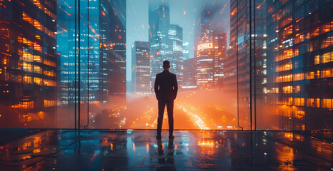 Wall Mural - A man in a suit is looking out over a city at the sunset by AI generated image