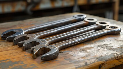 Wall Mural - Assorted spanners in different sizes, emphasizing their utility for tightening and loosening bolts in mechanical tasks.