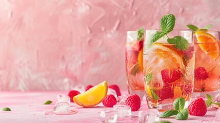 Wall Mural - Refreshing summer cocktails in glasses on a pink background with empty space for text Celebration idea