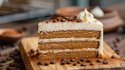 Wall Mural - Tasty cappuccino cake on a wooden backdrop