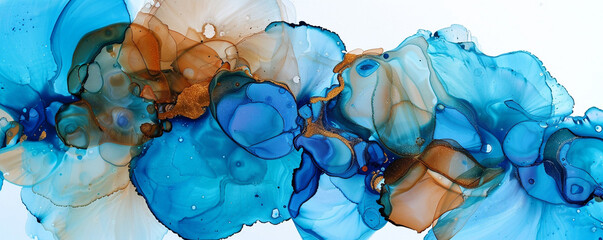 Pastel blue and vibrant brown alcohol ink painting, abstract with high-quality oil paint details.