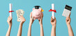 Female hands holding diplomas, money, calculator and piggy bank with graduation hat on blue background