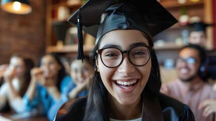 An image of a graduate wearing a cap and gown while participating in a virtual graduation ceremony via video call, with friends and family members cheering in the background. 