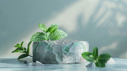 Wall Mural - Stone podium with mint leaves for showcasing products