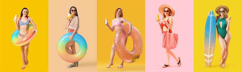 Poster - Collage of young women with sunscreen creams and inflatable rings on color background